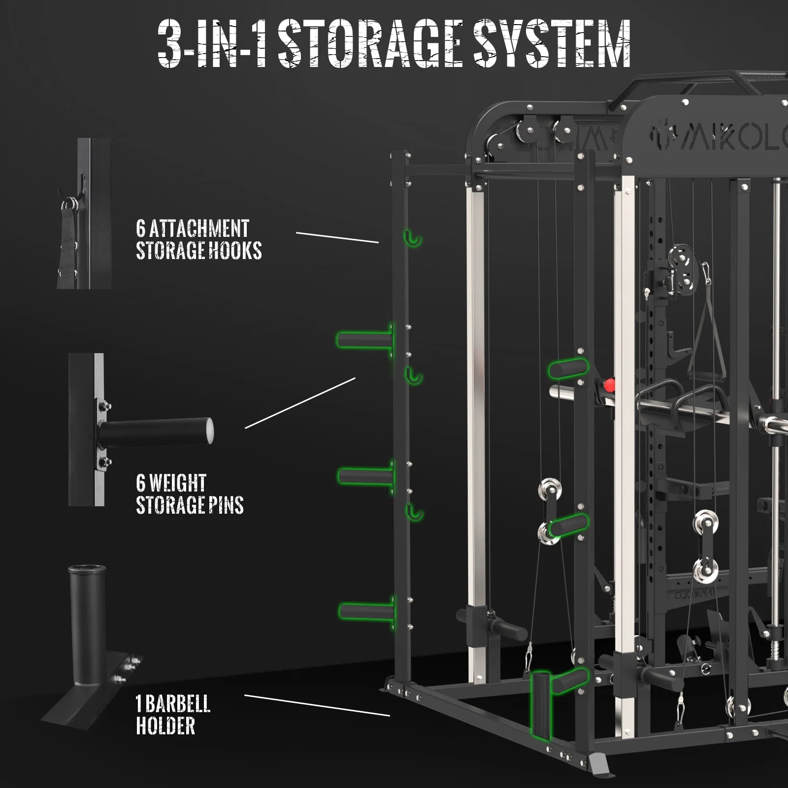 Smith Machine, All-In-One Power Rack Cage with Adjustable Cable Crossover, Vertical Leg Press and Smith Bar, Multifunctional Squat Rack with J Hook, Spotter Arms and Other