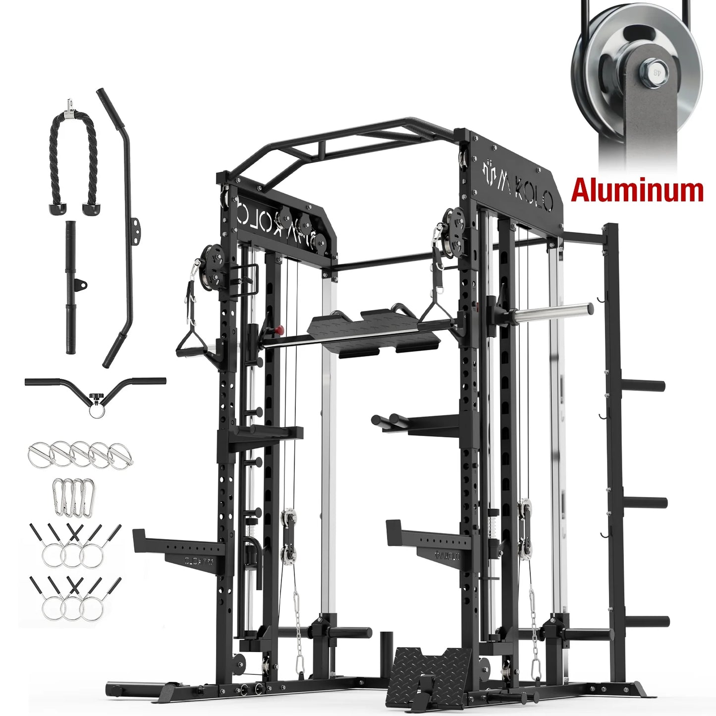 Smith Machine, All-In-One Power Rack Cage with Adjustable Cable Crossover, Vertical Leg Press and Smith Bar, Multifunctional Squat Rack with J Hook, Spotter Arms and Other